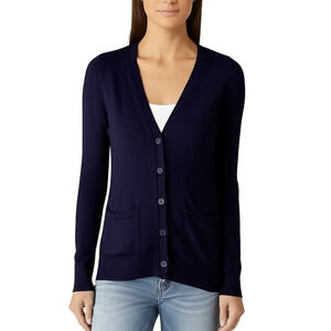 ST JOHN'S BAY Womens Cardigan Size Large Navy Blue V-Neck Long Sleeve Classic‎